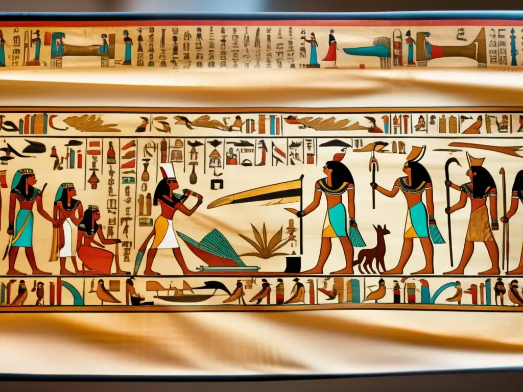 Un antiguo pergamino egipcio desplegado sobre una mesa