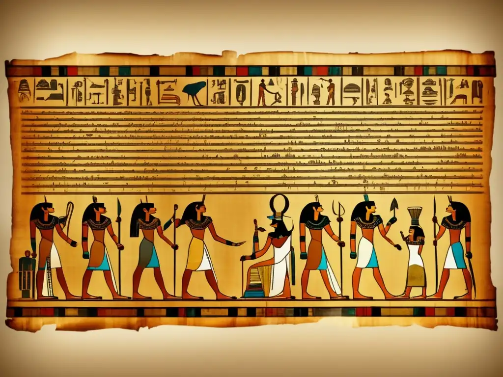 Un antiguo pergamino egipcio desplegado revela intrincadas jeroglíficos en tonos cálidos y envejecidos