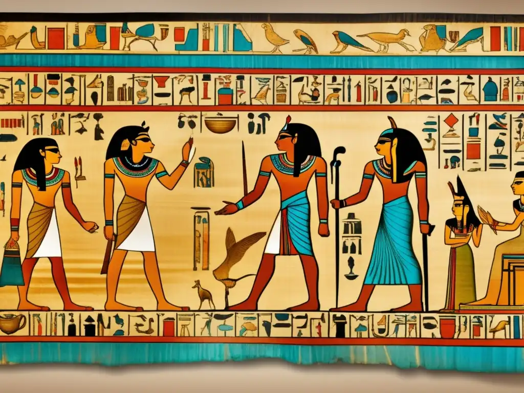 Un antiguo pergamino egipcio desplegado con delicadeza en manos enguantadas, con jeroglíficos mágicos y prácticas medicinales