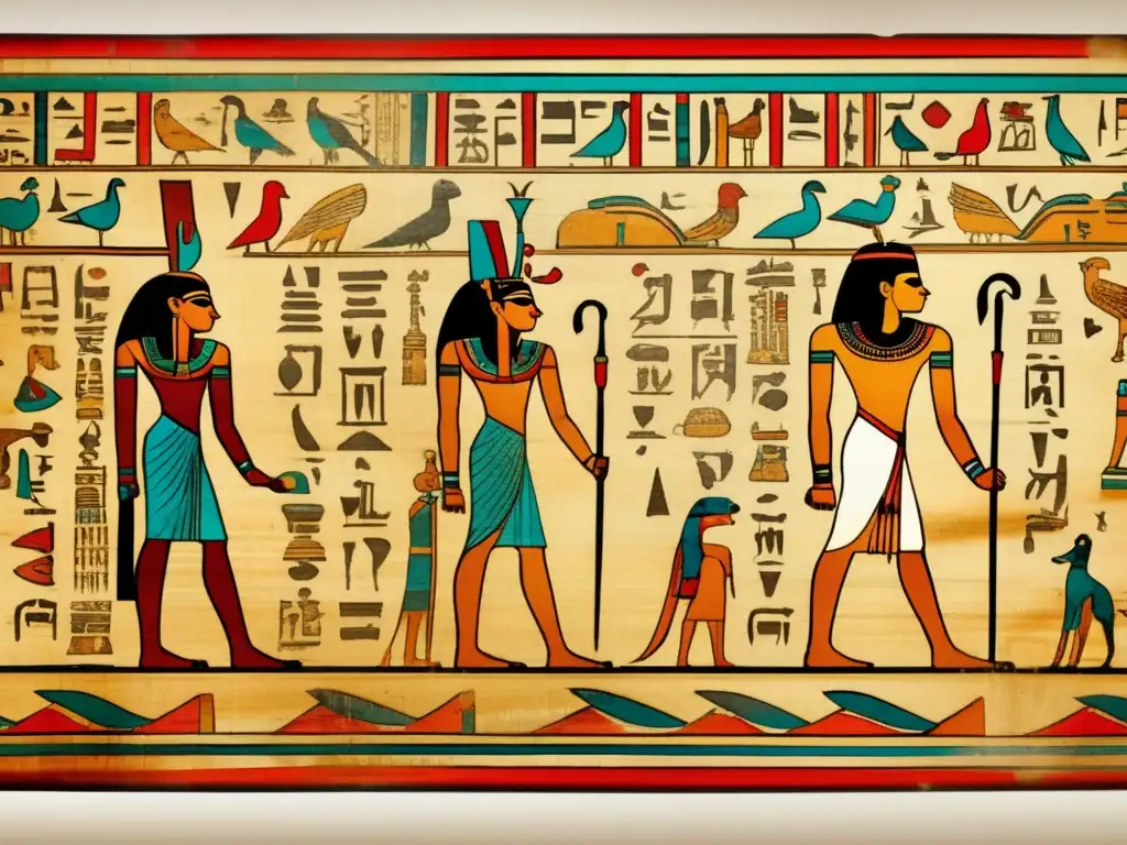 Un antiguo pergamino egipcio desplegado, con caligrafía egipcia jeroglífica y coloridas ilustraciones