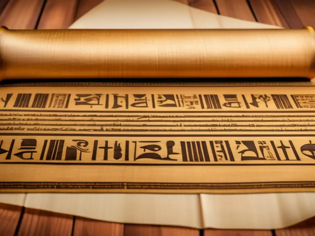Un antiguo pergamino egipcio, desplegado con delicadeza en una mesa de madera