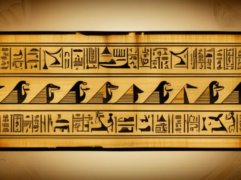Un antiguo pergamino egipcio desplegado, con inscripciones jeroglíficas detalladas y un tono amarillento que resalta su encanto vintage