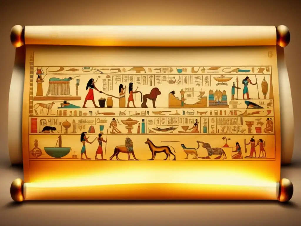 Un antiguo pergamino egipcio desplegado, lleno de jeroglíficos que representan tratamientos médicos en Egipto