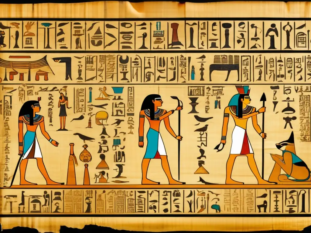 Un antiguo pergamino egipcio desplegado muestra intrincados jeroglíficos que revelan el sistema legal egipcio