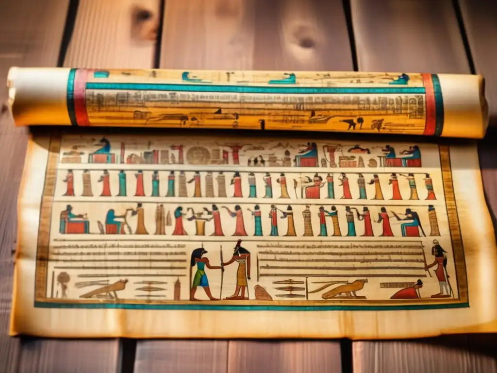 Un antiguo pergamino egipcio desplegado sobre una mesa de madera, con complejas jeroglíficos revelando el sistema legal egipcio en textos antiguos