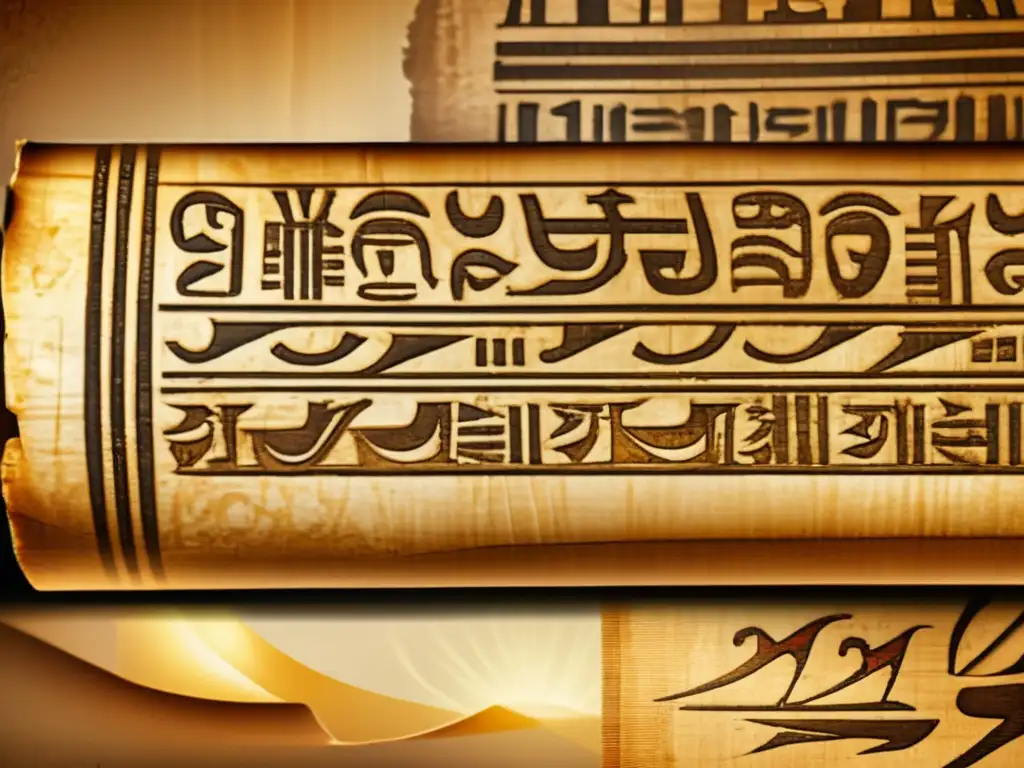 Un antiguo pergamino egipcio desplegado, con jeroglíficos meticulosamente inscritos