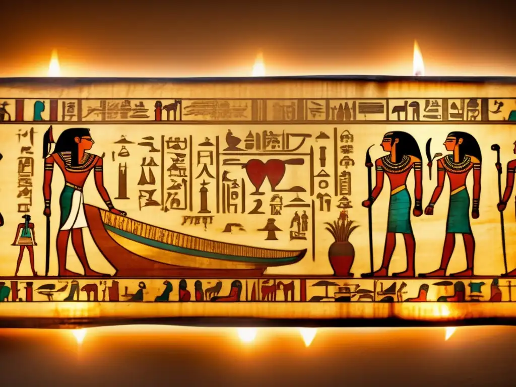 Un antiguo pergamino egipcio desplegado y delicadamente iluminado por la suave luz de las velas