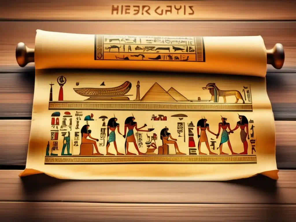 Un antiguo pergamino egipcio desplegado con cuidado sobre una mesa de madera