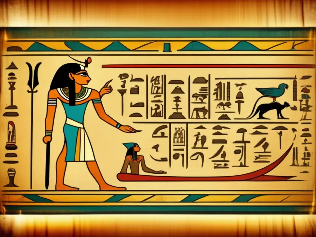 Un antiguo pergamino egipcio desplegado, iluminado por una cálida luz dorada