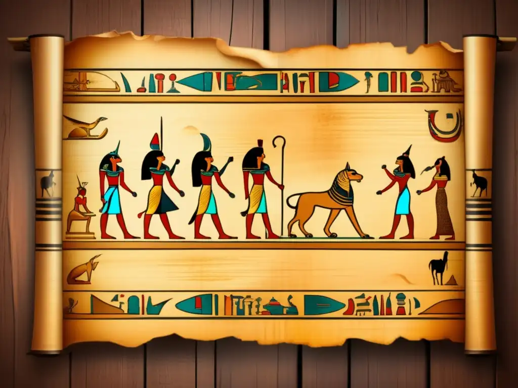 Un antiguo pergamino egipcio desplegado en una mesa de madera envejecida