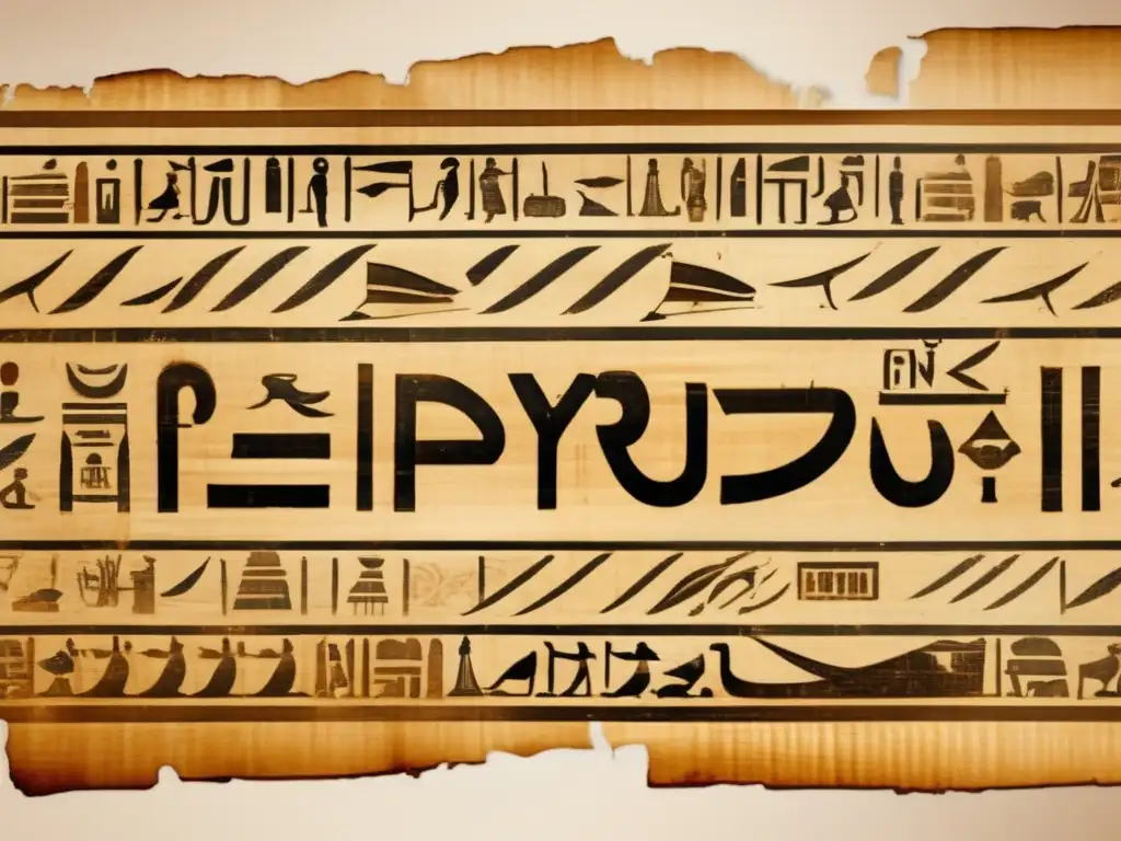 Un antiguo pergamino egipcio detallado, con colores desvanecidos e inscripciones jeroglíficas intrincadas