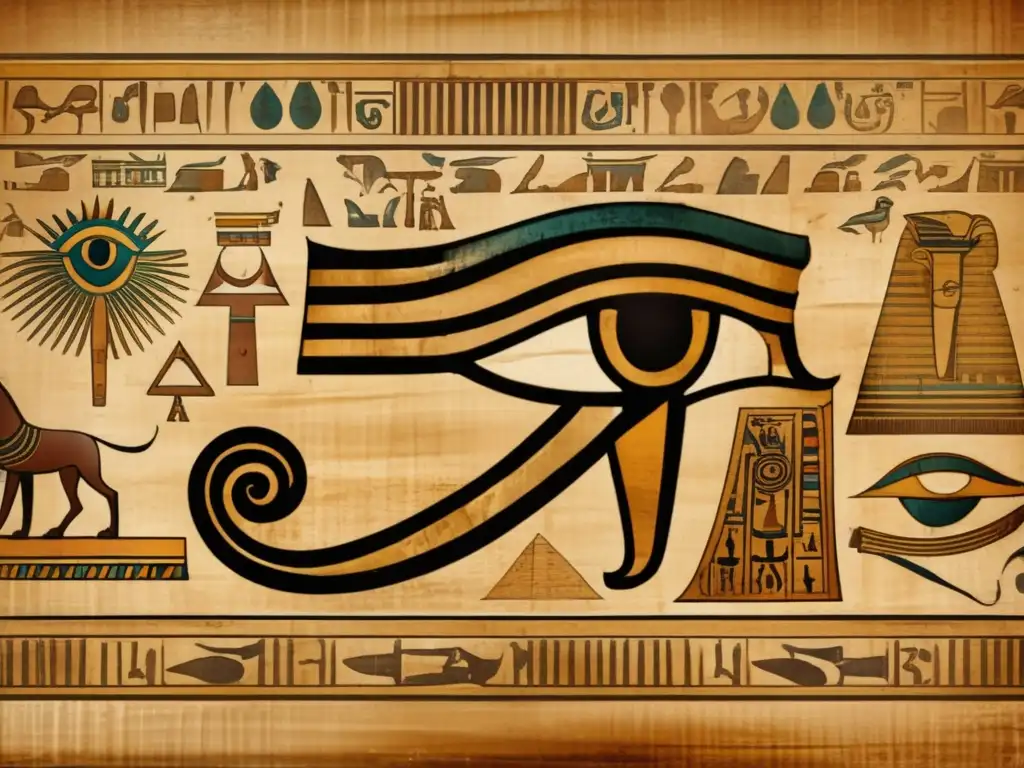 Un antiguo pergamino egipcio detallado muestra el Ojo de Horus rodeado de símbolos místicos y diseños intrincados