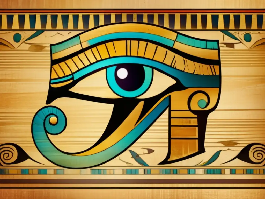 Un antiguo pergamino egipcio detallado con el Ojo de Horus en vibrantes colores