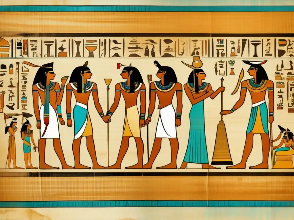 Un antiguo pergamino egipcio detallado, envejecido con el tiempo, desvela los secretos de longevidad de los faraones y sus hábitos de vida