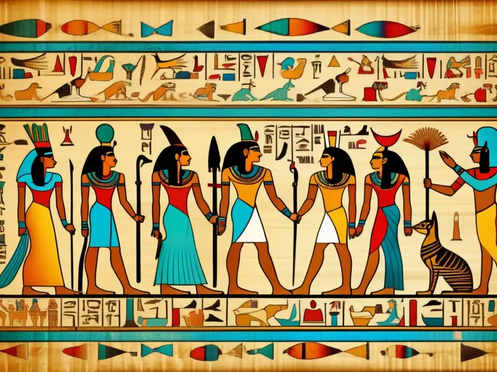 Un antiguo pergamino egipcio, ricamente detallado con colores vibrantes e intrincados jeroglíficos