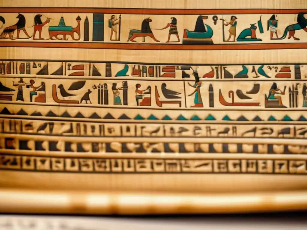 Un antiguo pergamino egipcio con escritura jeroglífica detallada