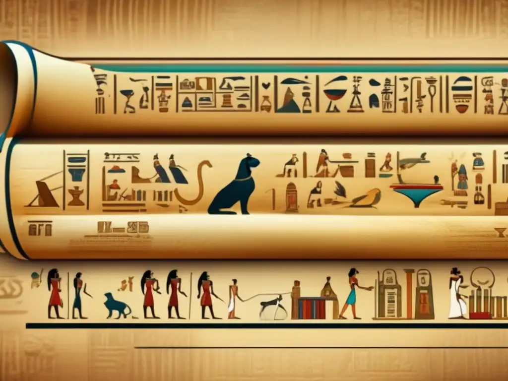 Un antiguo pergamino egipcio de ADN faraónico en la historia, desvela jeroglíficos intrincados y detallados en una imagen ultradetallada de 8K