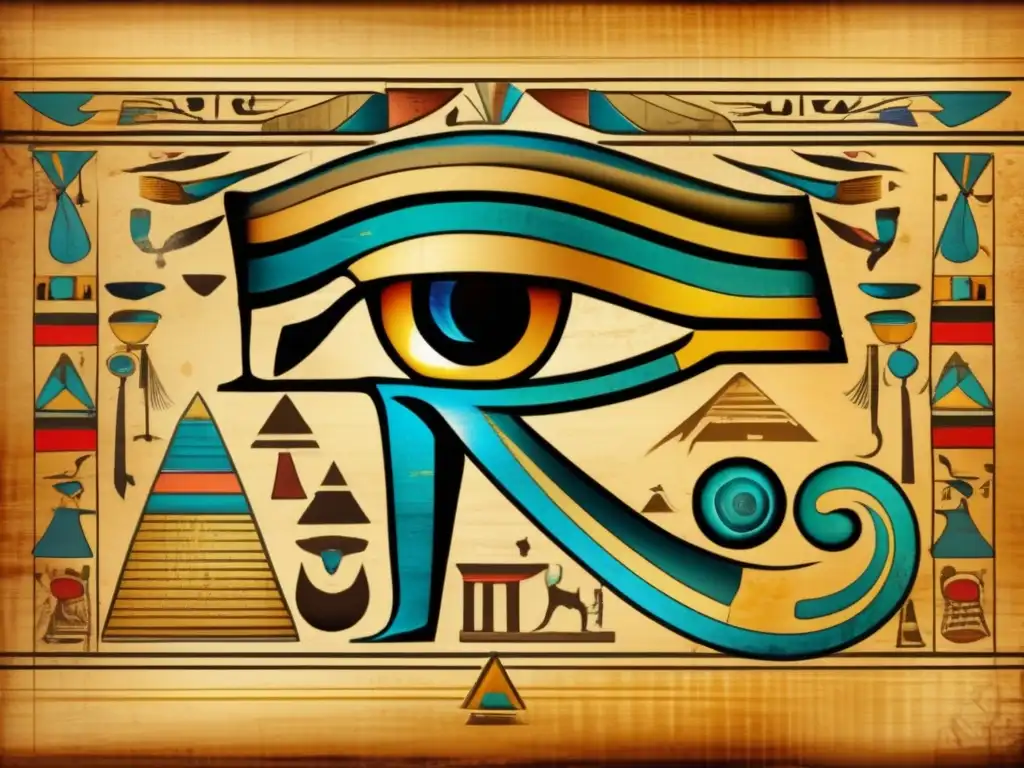 Un antiguo pergamino egipcio detalladamente ilustrado con el Ojo de Horus rodeado de símbolos y jeroglíficos