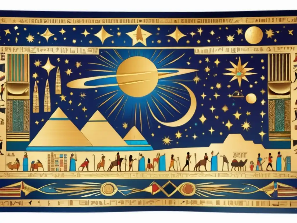 Un antiguo pergamino egipcio ilustrado con escenas celestiales y símbolos astronómicos, desbordando colores vibrantes y detalles en oro