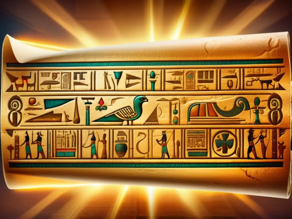 Un antiguo pergamino egipcio se desenrolla, revelando jeroglíficos intrincados que brillan con luz dorada