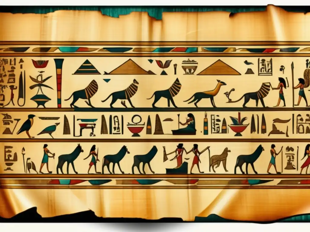 Un antiguo pergamino egipcio con jeroglíficos detallados que resaltan el poder de la escritura en la magia egipcia