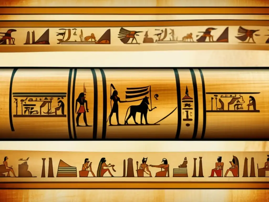 Un antiguo pergamino egipcio se desenrolla, revelando jeroglíficos intrincados