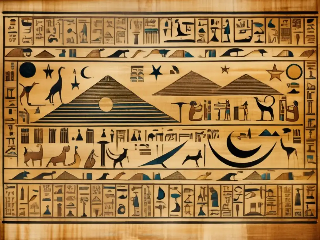 Un antiguo pergamino egipcio con jeroglíficos intrincados y motivos celestiales entrelazados