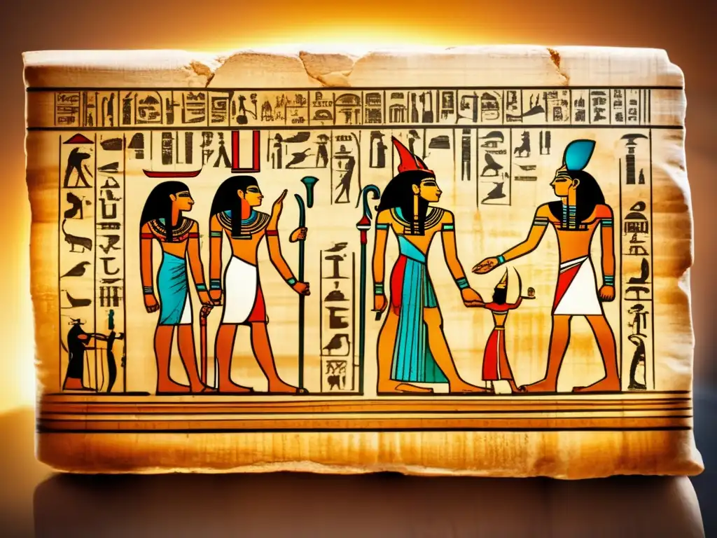 Un antiguo pergamino egipcio del Libro de los Muertos desplegado sobre una tableta de piedra deteriorada