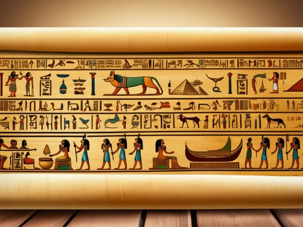 Un antiguo pergamino egipcio se despliega en una mesa de madera, revelando textos del sistema legal egipcio