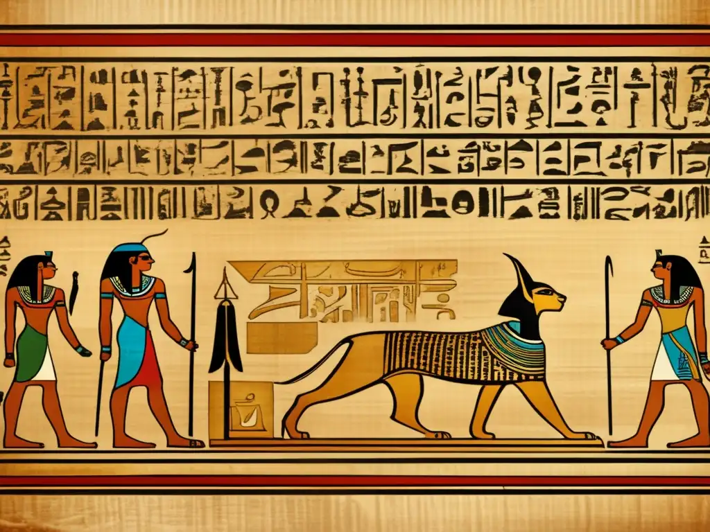 Un antiguo pergamino egipcio muestra los misteriosos jeroglíficos, revelando el idioma en la vida egipcia en tonos dorados y sepia