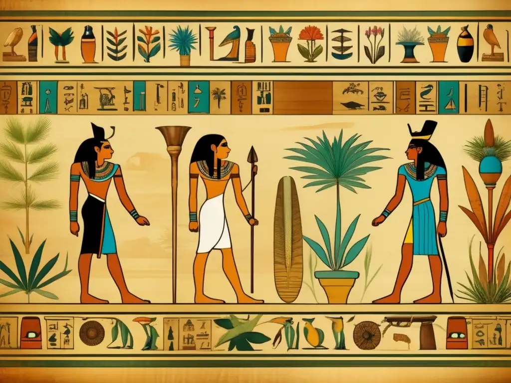 Un antiguo pergamino egipcio muestra plantas medicinales del Antiguo Egipto, con hieroglíficos y colores vintage