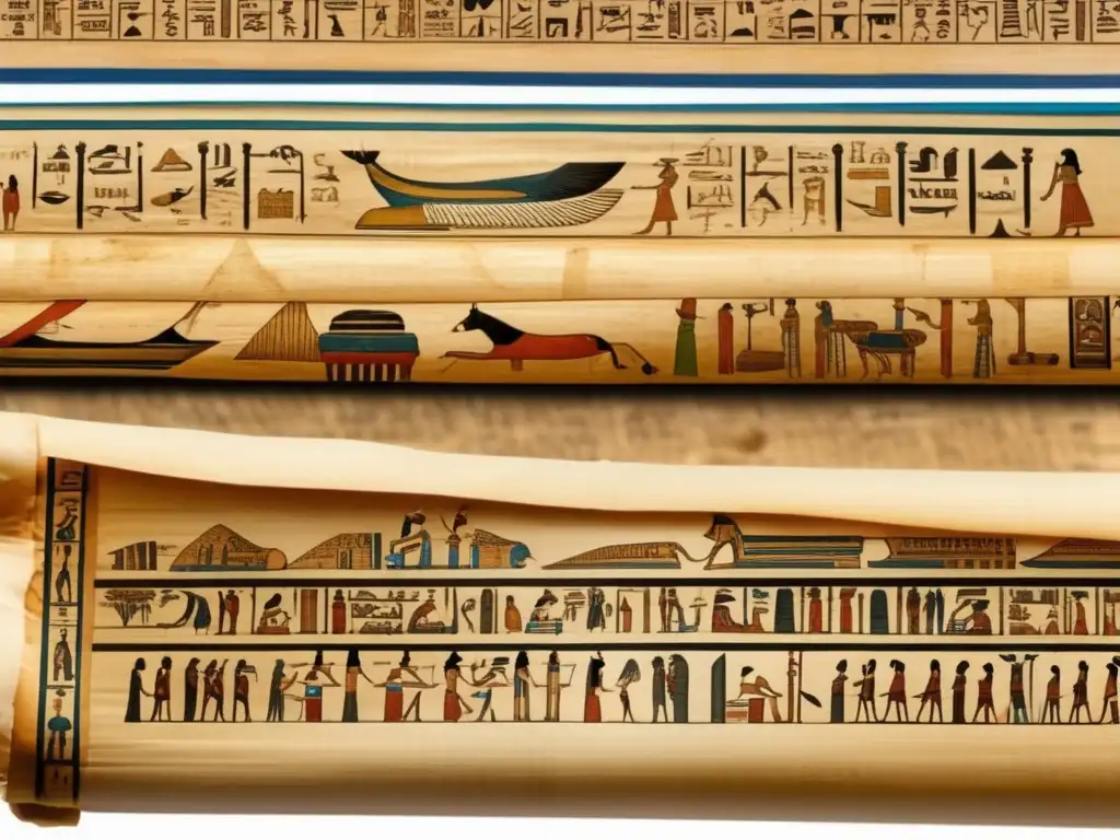 Un antiguo pergamino egipcio y un rollo de papiro griego se encuentran lado a lado, representando el intercambio de materiales de escritura entre Egipto y Grecia