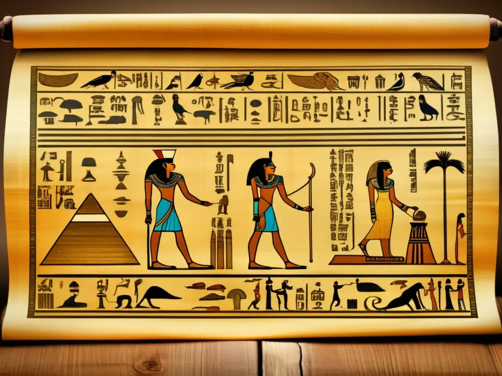 Un antiguo pergamino egipcio, el Tratado médico papiro Edwin Smith, desplegado con delicadeza sobre una mesa de madera