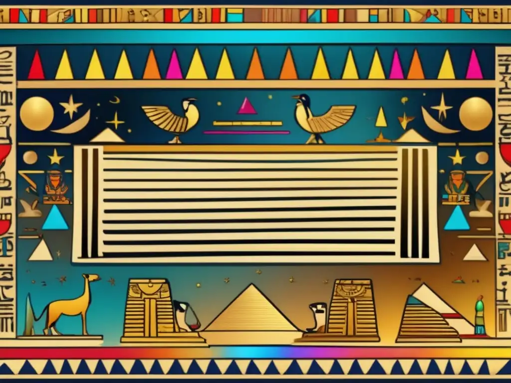Un antiguo pergamino egipcio con vibrantes colores y jeroglíficos detallados que representa la conexión entre el pentagrama y la mitología egipcia