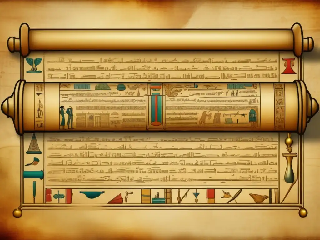 Un antiguo pergamino médico en 8k de alta resolución, con ilustraciones detalladas de herramientas y símbolos médicos egipcios