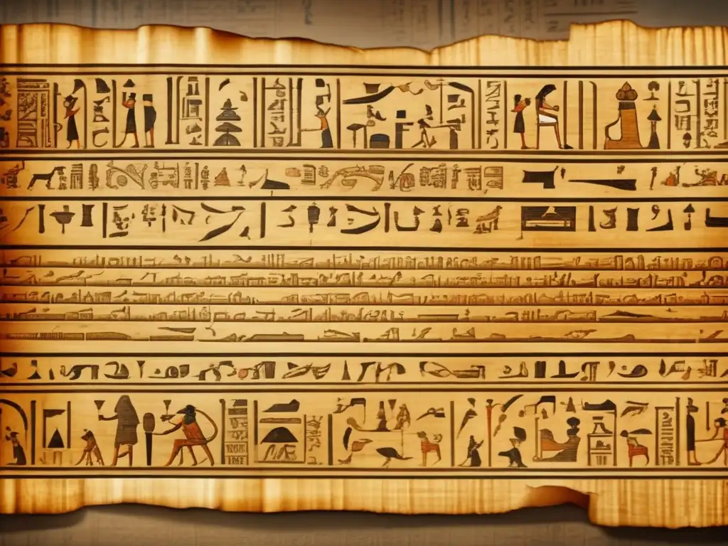 Un antiguo pergamino de papiro desplegado revela los intrincados jeroglíficos escritos en el estilo hierático del Egipto tardío