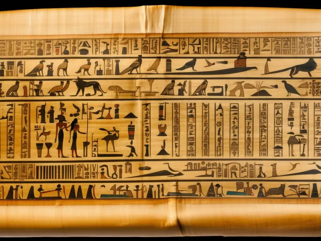 Un antiguo pergamino de papiro desplegado muestra intrincados jeroglíficos que revelan sistemas de escritura menos conocidos en el antiguo Egipto
