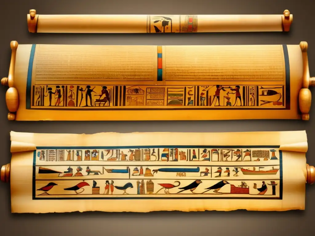Un antiguo pergamino de papiro egipcio y un elegante manuscrito griego, simbolizando el intercambio de materiales de escritura entre Egipto y Grecia