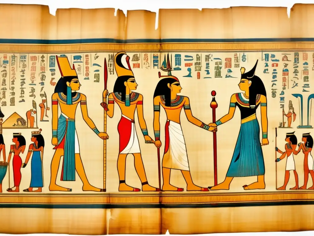Un antiguo pergamino de papiro, envejecido y amarillento, despliega suavemente sobre la imagen