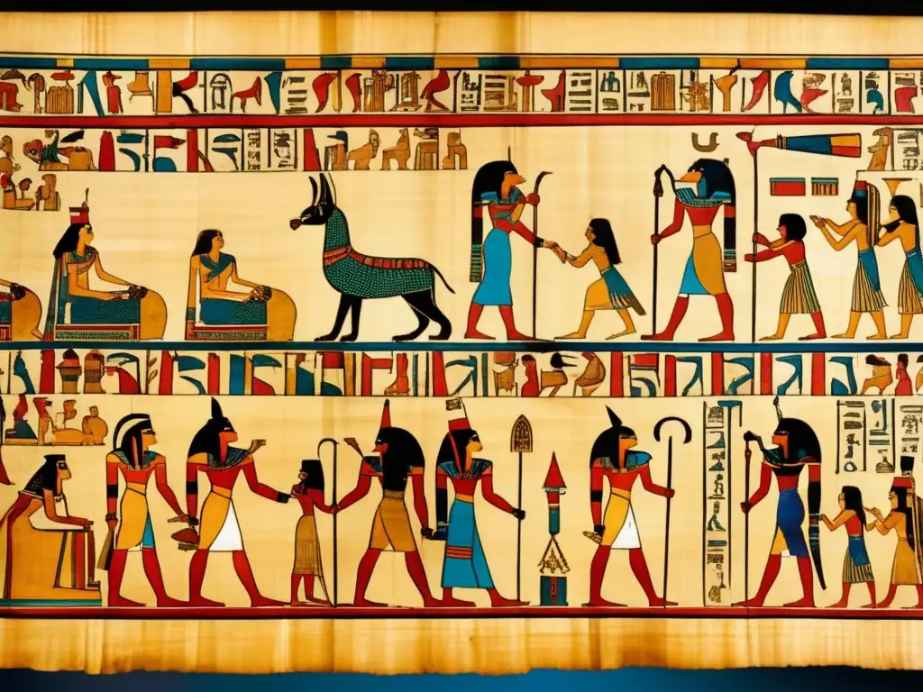 Un antiguo pergamino de papiro, envejecido y amarillento por el tiempo, revela jeroglíficos intrincados que representan escenas del Legado del Primer Periodo Intermedio del antiguo Egipto