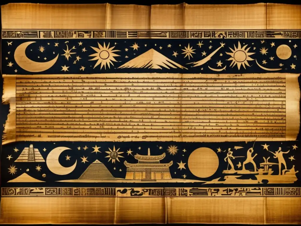 Un antiguo pergamino de papiro se despliega sobre un fondo oscuro, revelando intrincados jeroglíficos e ilustraciones celestiales