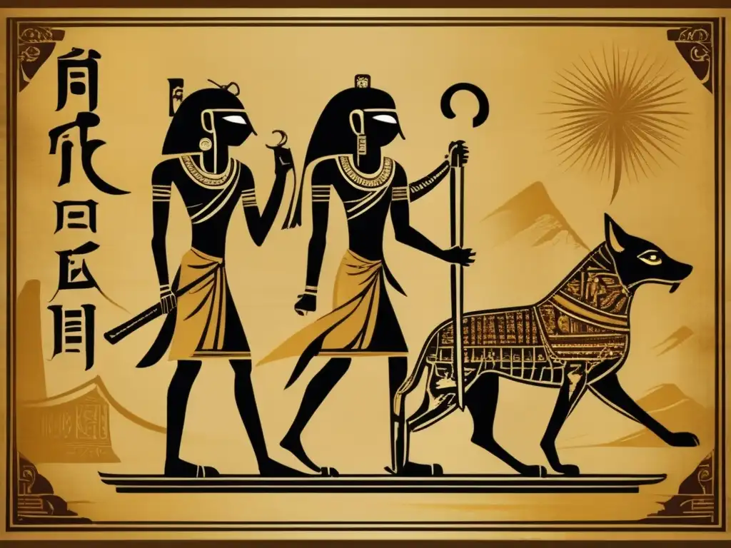 Un antiguo pergamino de papiro se despliega, revelando ilustraciones e jeroglíficos que retratan el inquietante mundo de la Guía ancestral Libro de los Muertos