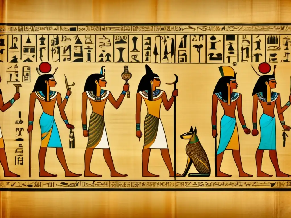 Un antiguo pergamino de papiro se desenrolla en la imagen, revelando inscripciones jeroglíficas que cuentan historias deidades egipcias