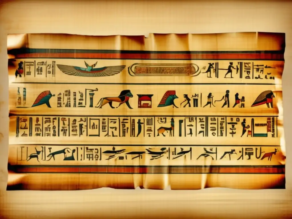 Antiguo pergamino de papiro con jeroglíficos, mostrando la evolución del idioma egipcio medio en una transición histórica