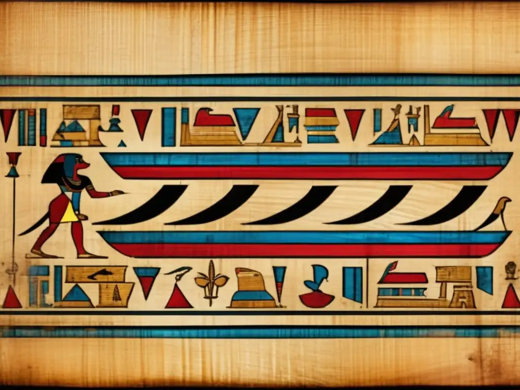 El antiguo poder de la escritura en la magia egipcia se revela en un pergamino de papiro desplegado sobre una superficie de madera envejecida
