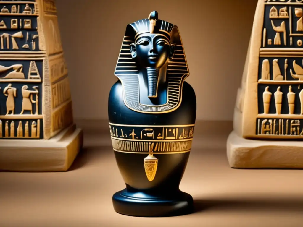 Un antiguo recipiente sagrado del Antiguo Egipto, tallado con esmero en piedra oscura, muestra detalladas inscripciones y deidades egipcias