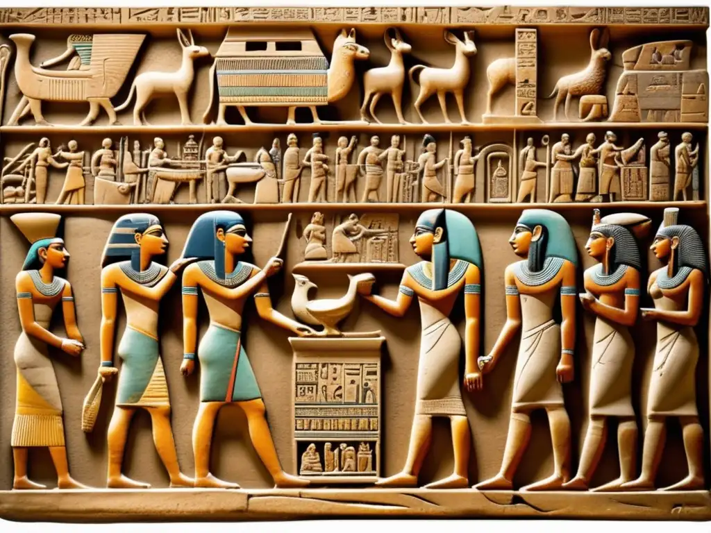Un antiguo relieve de piedra con detalladas representaciones de Egipto antiguo, exhibiendo jeroglíficos, faraones, dioses y vida cotidiana