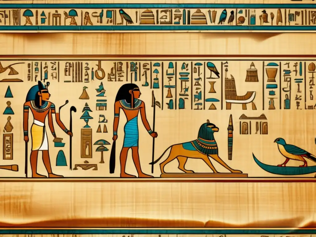 Un antiguo rollo de papiro egipcio bien conservado, con intrincadas y detalladas inscripciones y dibujos jeroglíficos