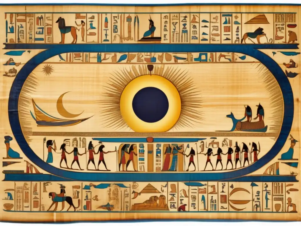 Antiguo rollo de papiro egipcio con jeroglíficos celestiales, muestra un eclipse misterioso sobre el Nilo