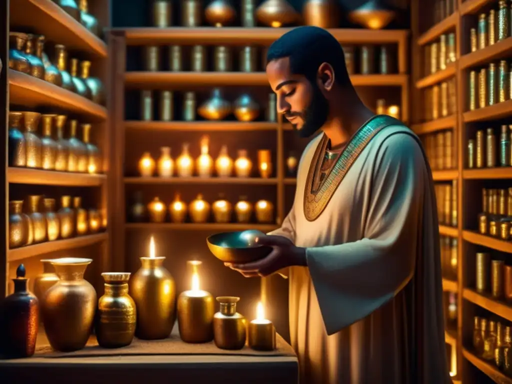 Un antiguo sanador egipcio elige minerales y metales en curación egipcia en una cámara iluminada por velas